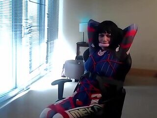 Crossdresser in D Va Bodysuit Tied to a Gaming Chair Pa