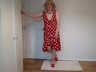 Red dress, high heels and G-string round my ankles