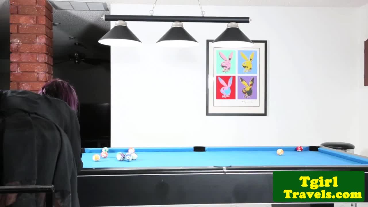 Busty trans trap tugs hard cock on pool table